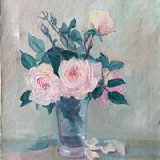Old painting HST "Bouquet of Roses in a Vase" signed 1959