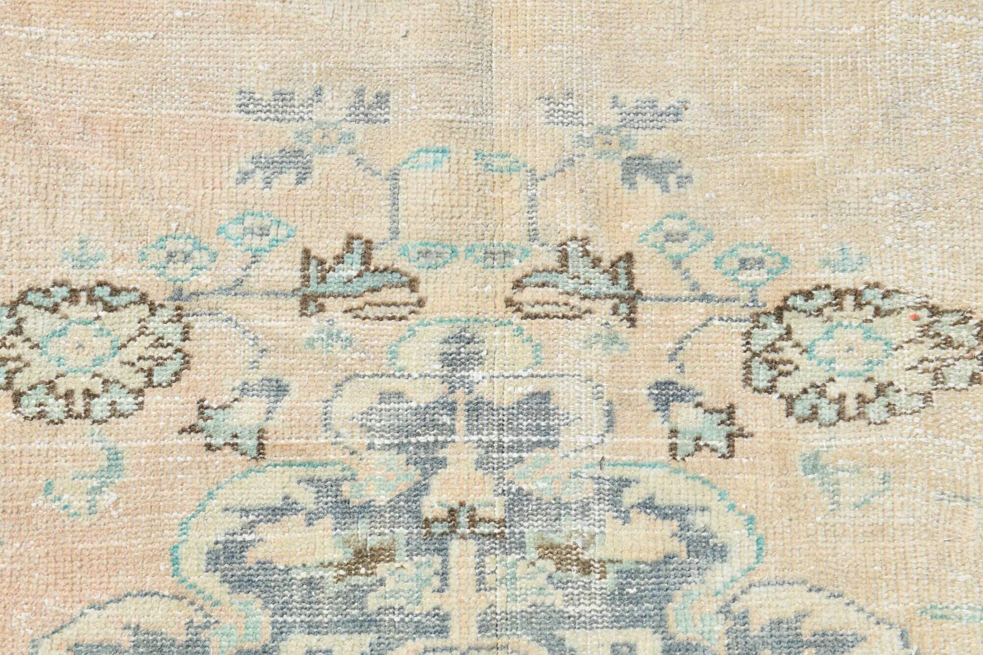 Tapis Oushak Vintage, Laine Turque Beige Pêche & Bleu Délavé, 159x227 Cm