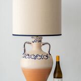 Spanish Revival Terracotta Table Lamp, Cream and Cobalt, New Linen Shade