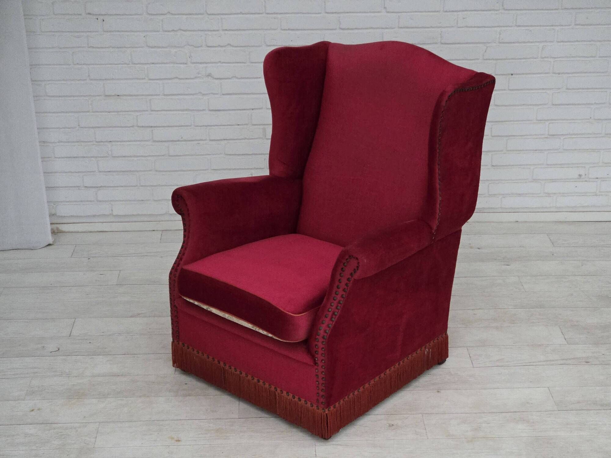 1970s, Danish highback armchair, furniture velour, ash wood legs.
