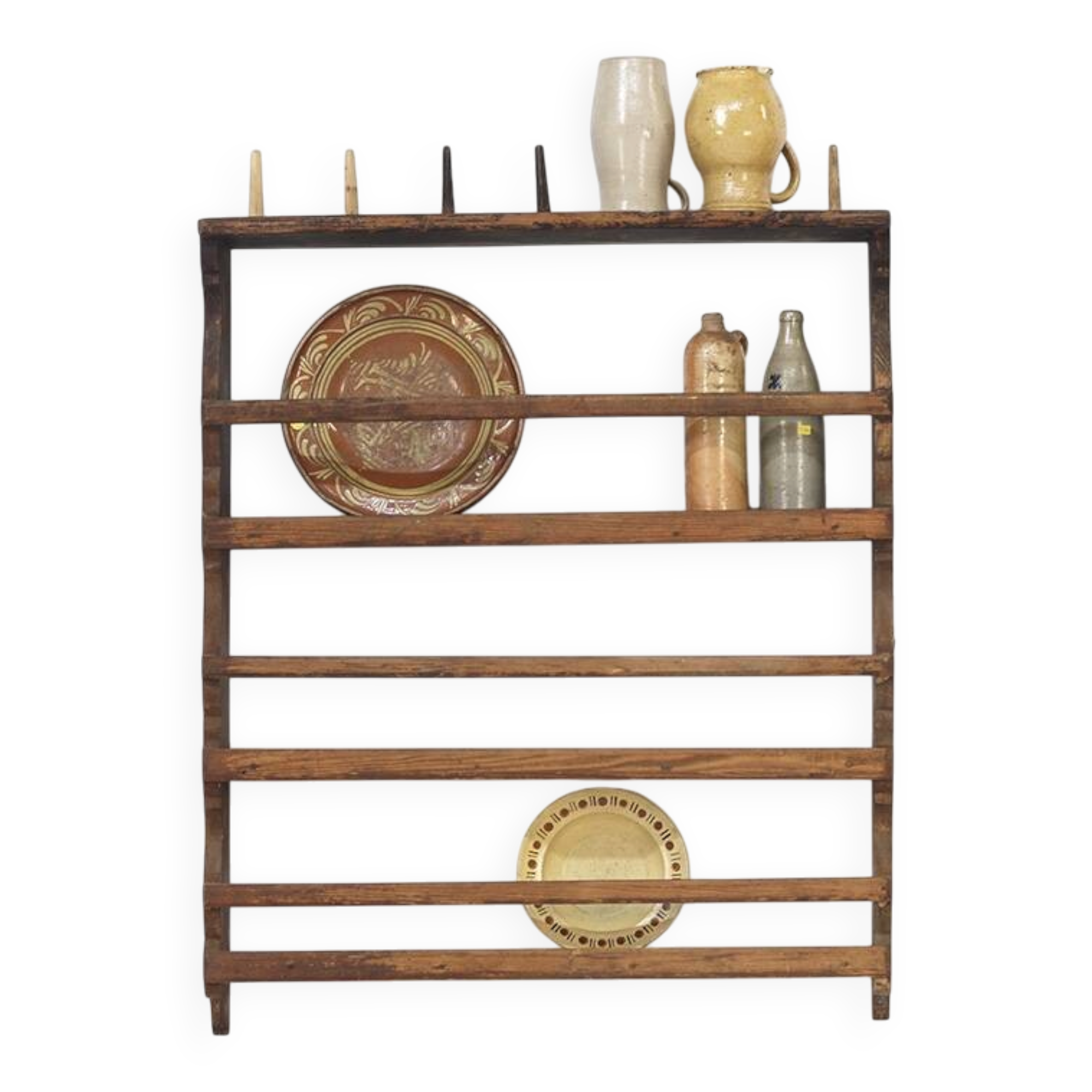 Antique Rustic Farmhouse Folk Art Kitchen Plate Rack / Schelves