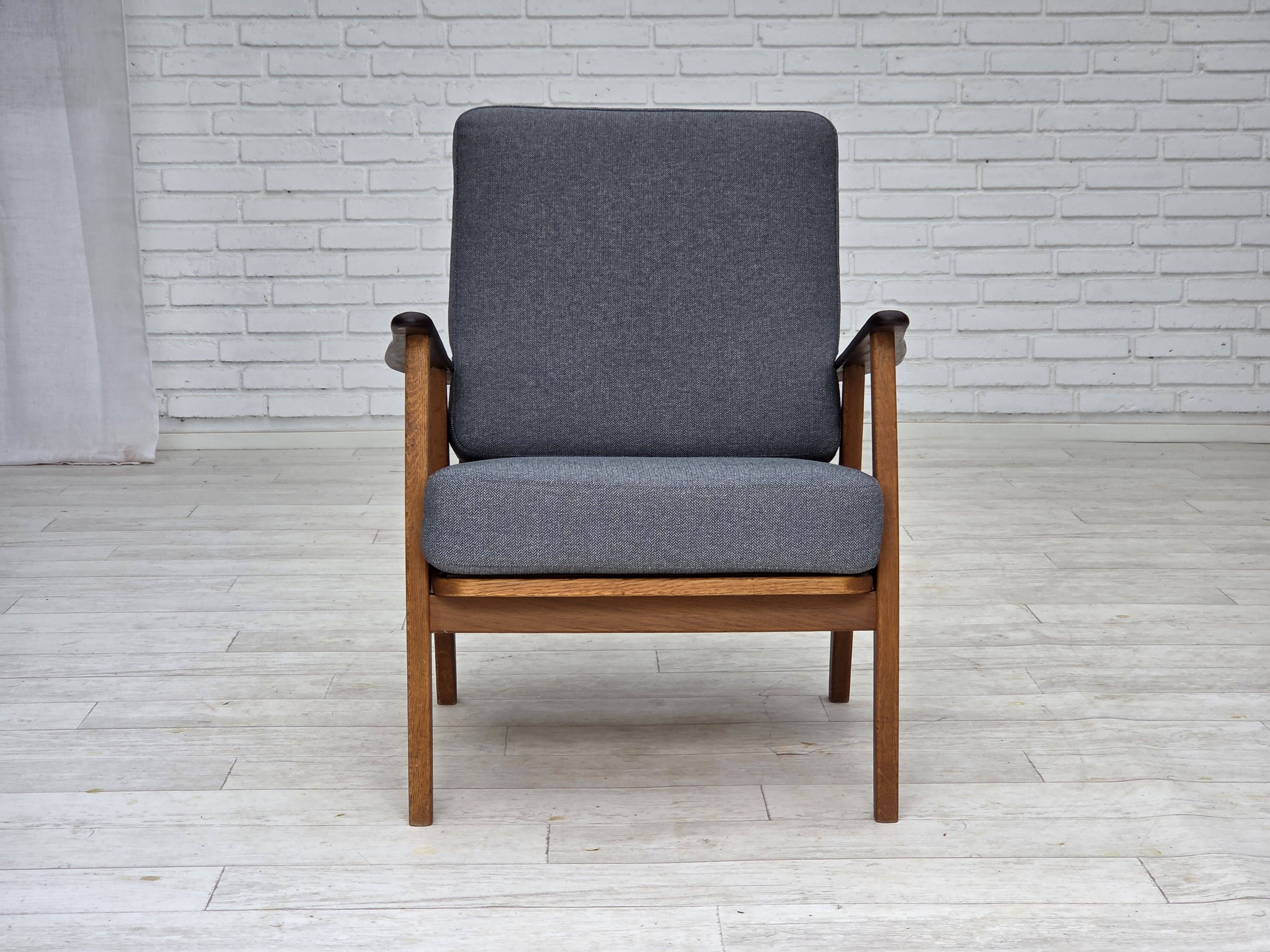 1970s, pair of Danish armchairs, reupholstered, furniture wool, teak, oak.