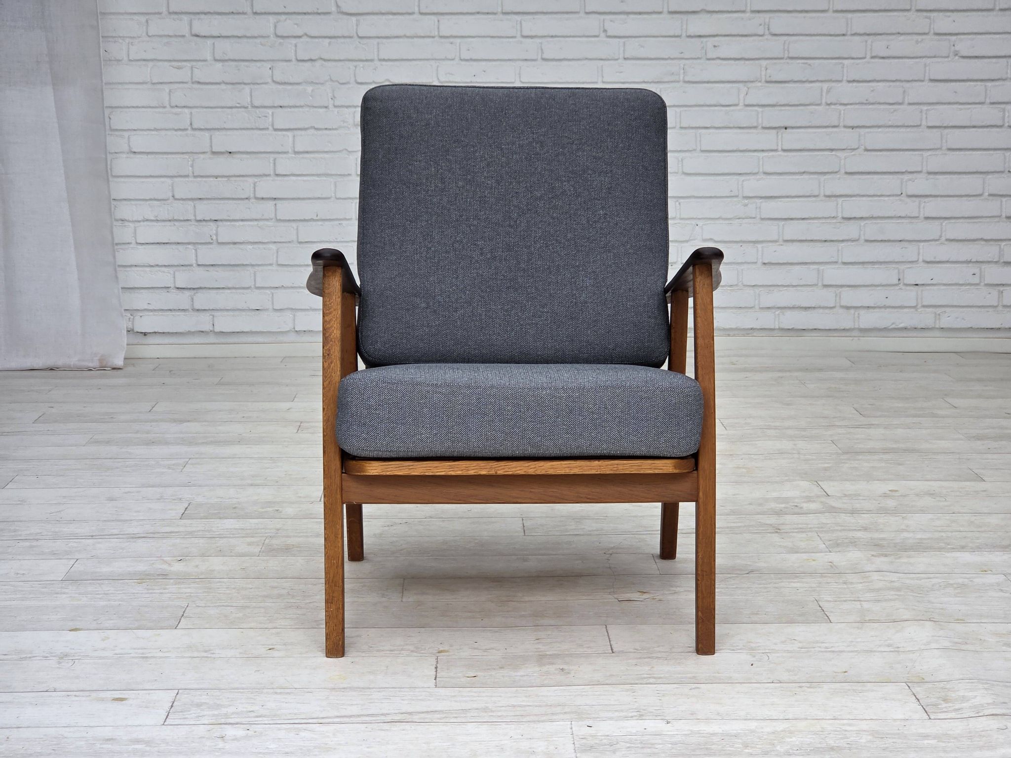 1970s, pair of Danish armchairs, reupholstered, furniture wool, teak, oak.