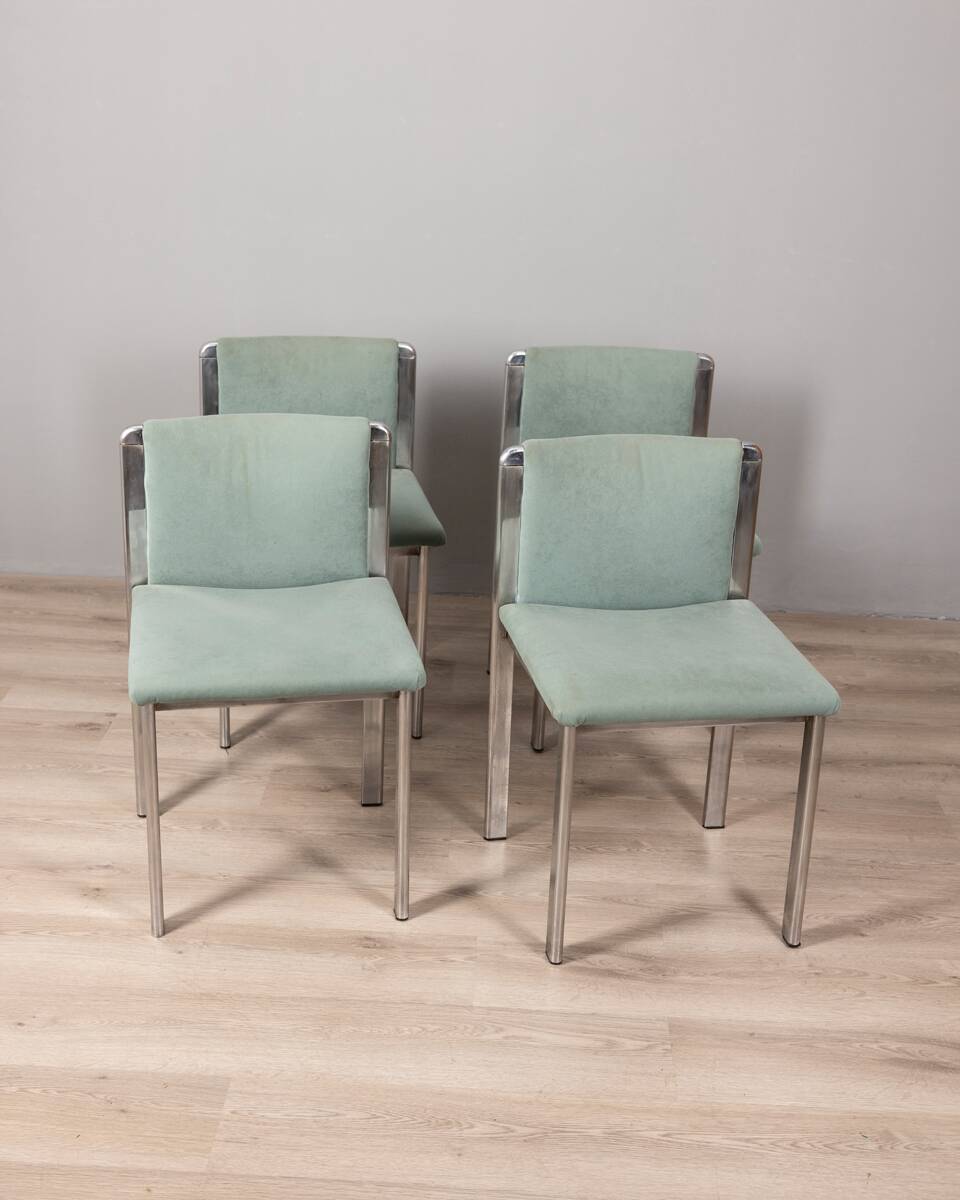 Lot de 4 chaises vintage 70's en metal et tissu turquoise design italien
