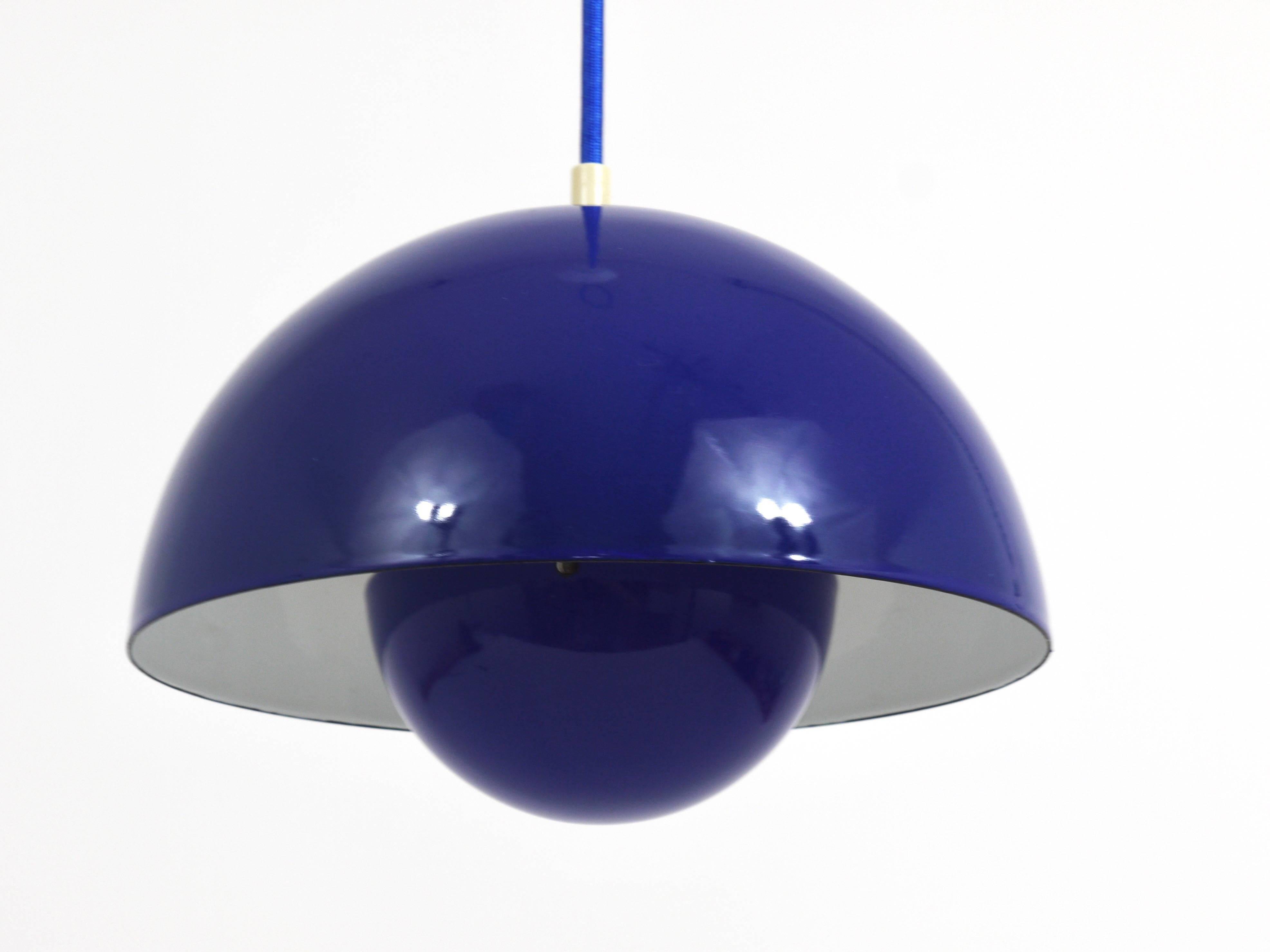 Blue enamelled suspension flowerpot by Verner Panton for Louis Poulsen, Denmark, 1969.