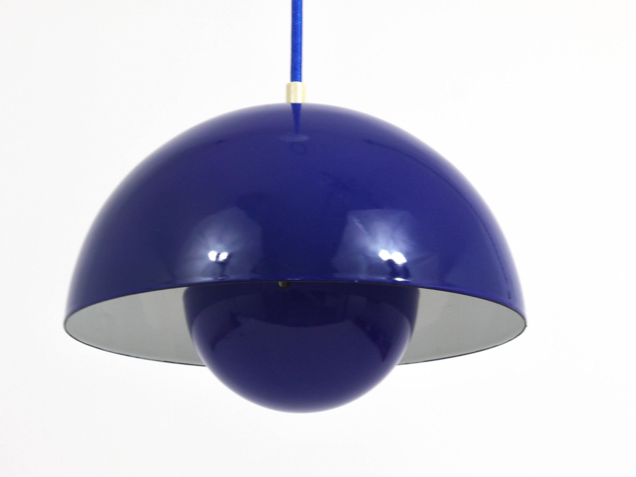 Blue enamelled suspension flowerpot by Verner Panton for Louis Poulsen, Denmark, 1969.