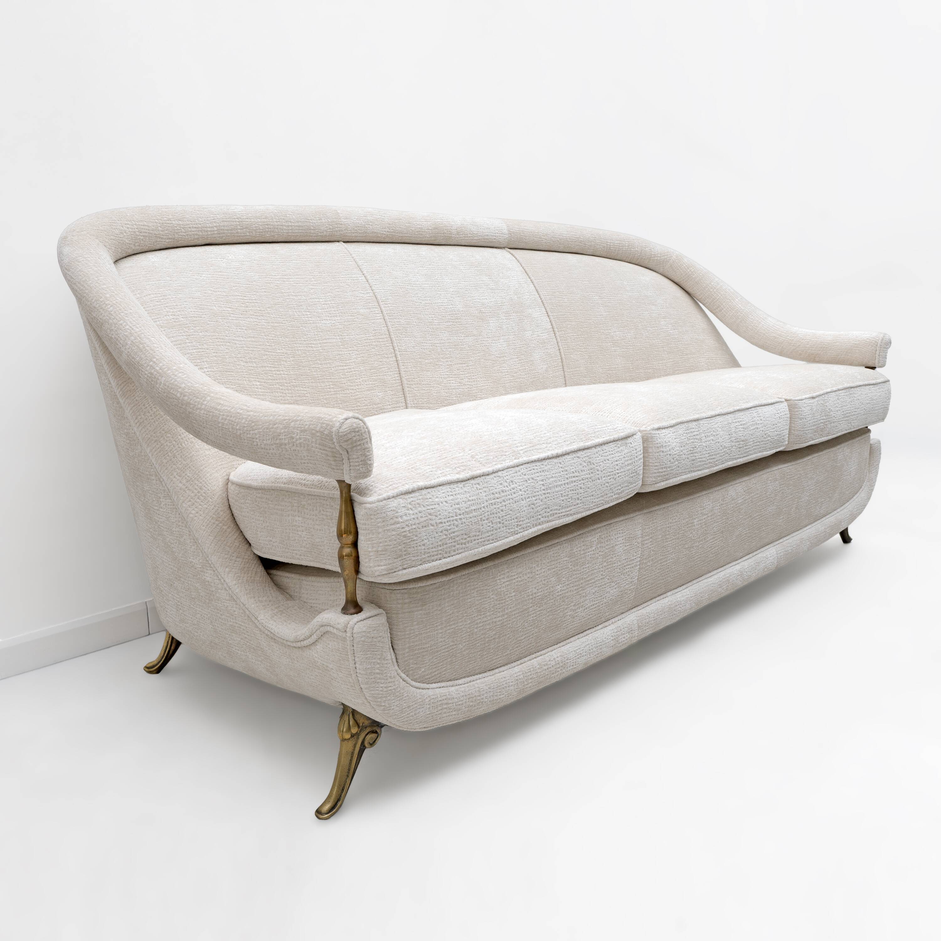 French of Mid-Century Sofa in Art Deco Style with Brass Details, 1950s