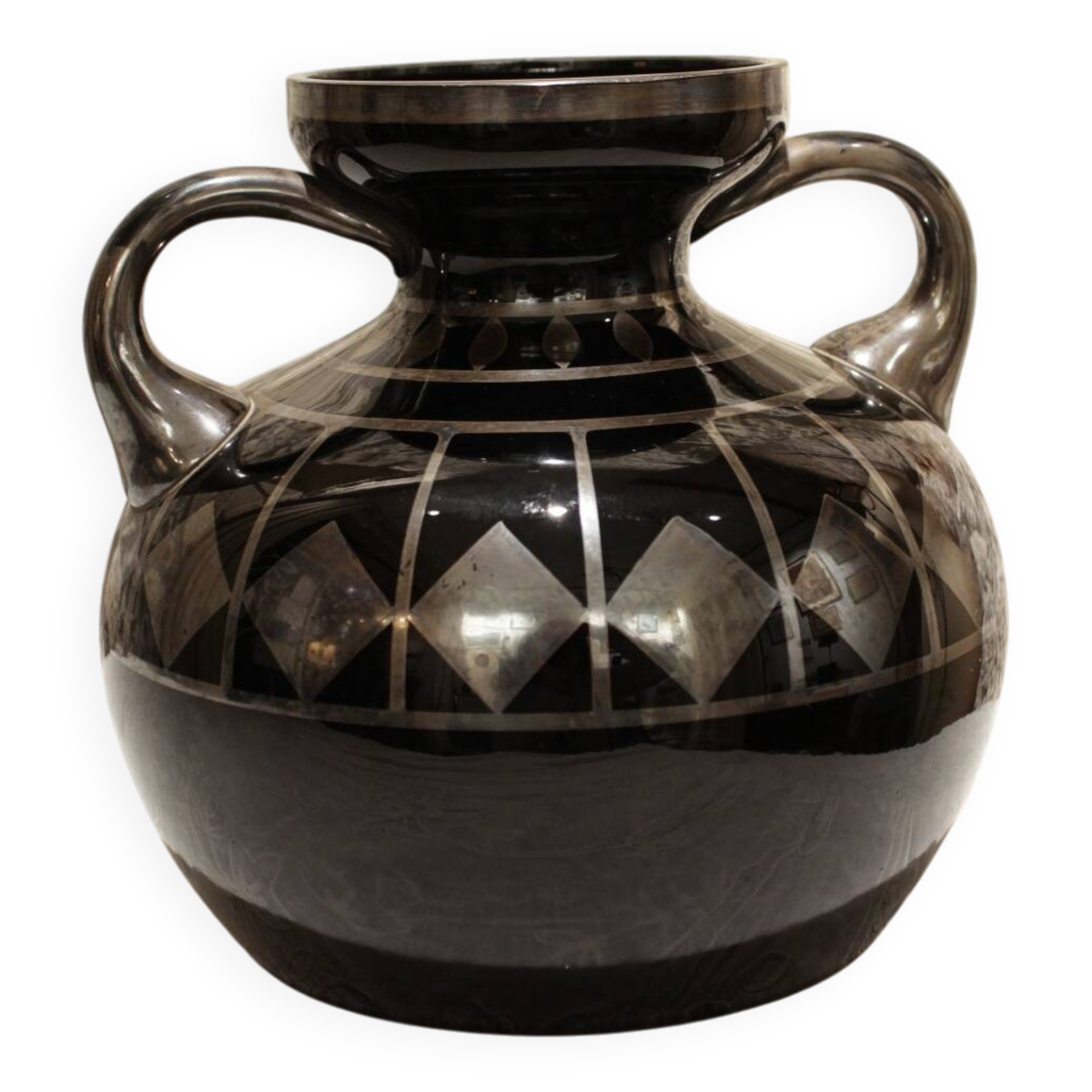 Black and silver glass vase signed hem, michel herman, circa 1930