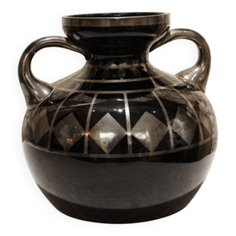 Black and silver glass vase signed hem, michel herman, circa 1930