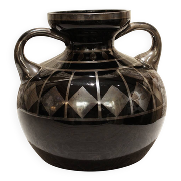 Black and silver glass vase signed hem, michel herman, circa 1930