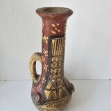 Antique Kabyle Algerian pottery vase with handle and polychrome geometric decorations