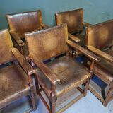 6 Oak Armchairs With Leather, Mid 20th Century