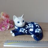 Statuette chat en porcelaine blanche et bleue Villeroy & Boch signé Gallo