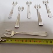 Six art deco silver metal oyster forks