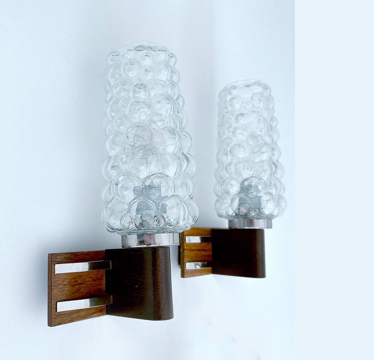 Pair Vintage Danish Bubble Blass Wood sconces