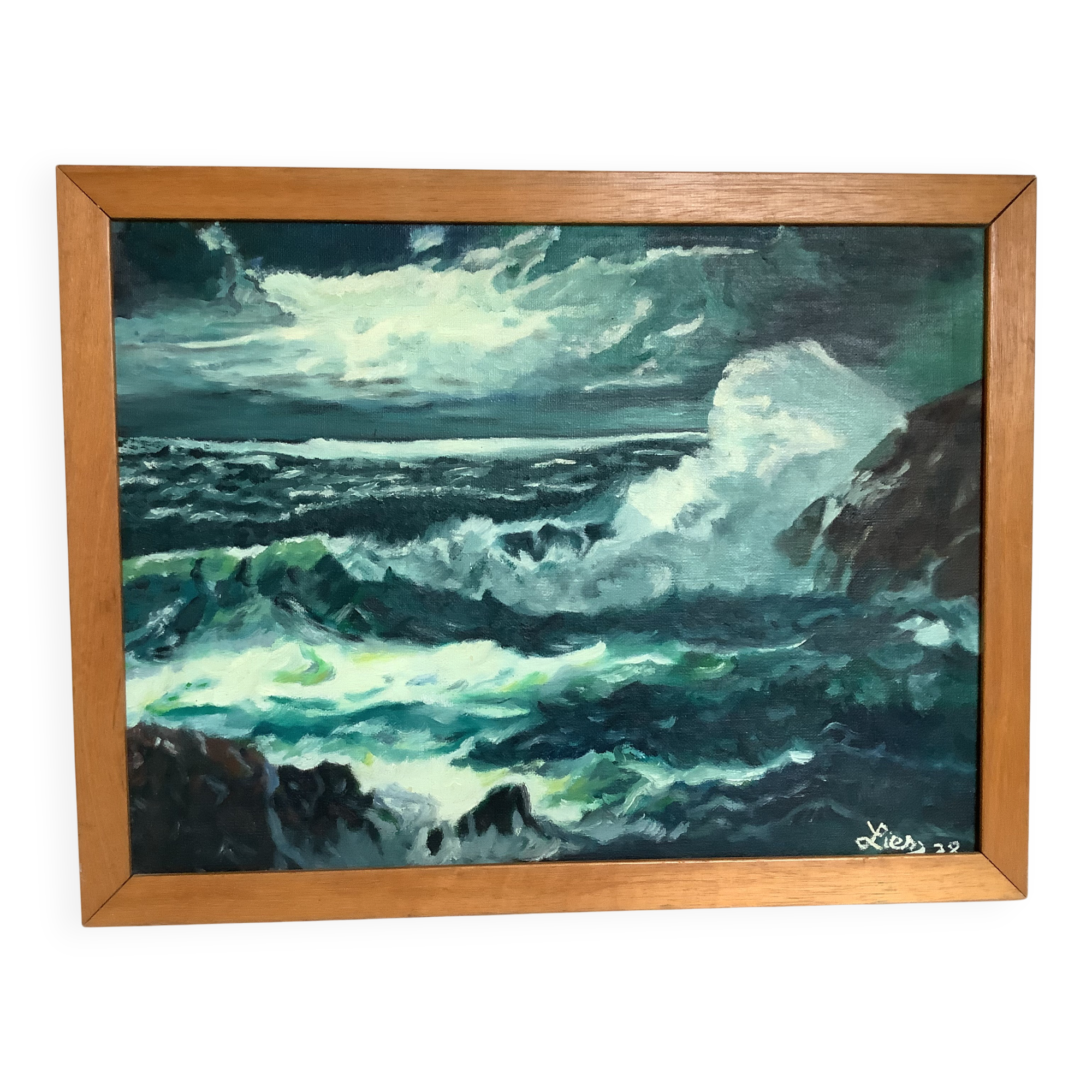Tableau marine la mer agitée huile sur toile signée
