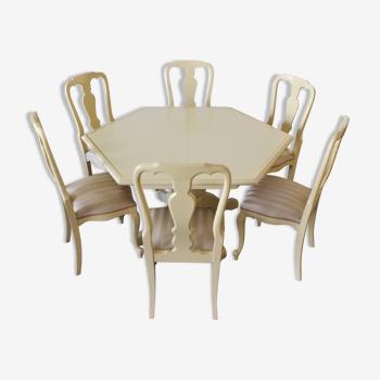 Table à manger hexagonale extensible avec chaises, années 1970
