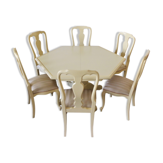 Extendable hexagonal dining table with chairs, 1970s