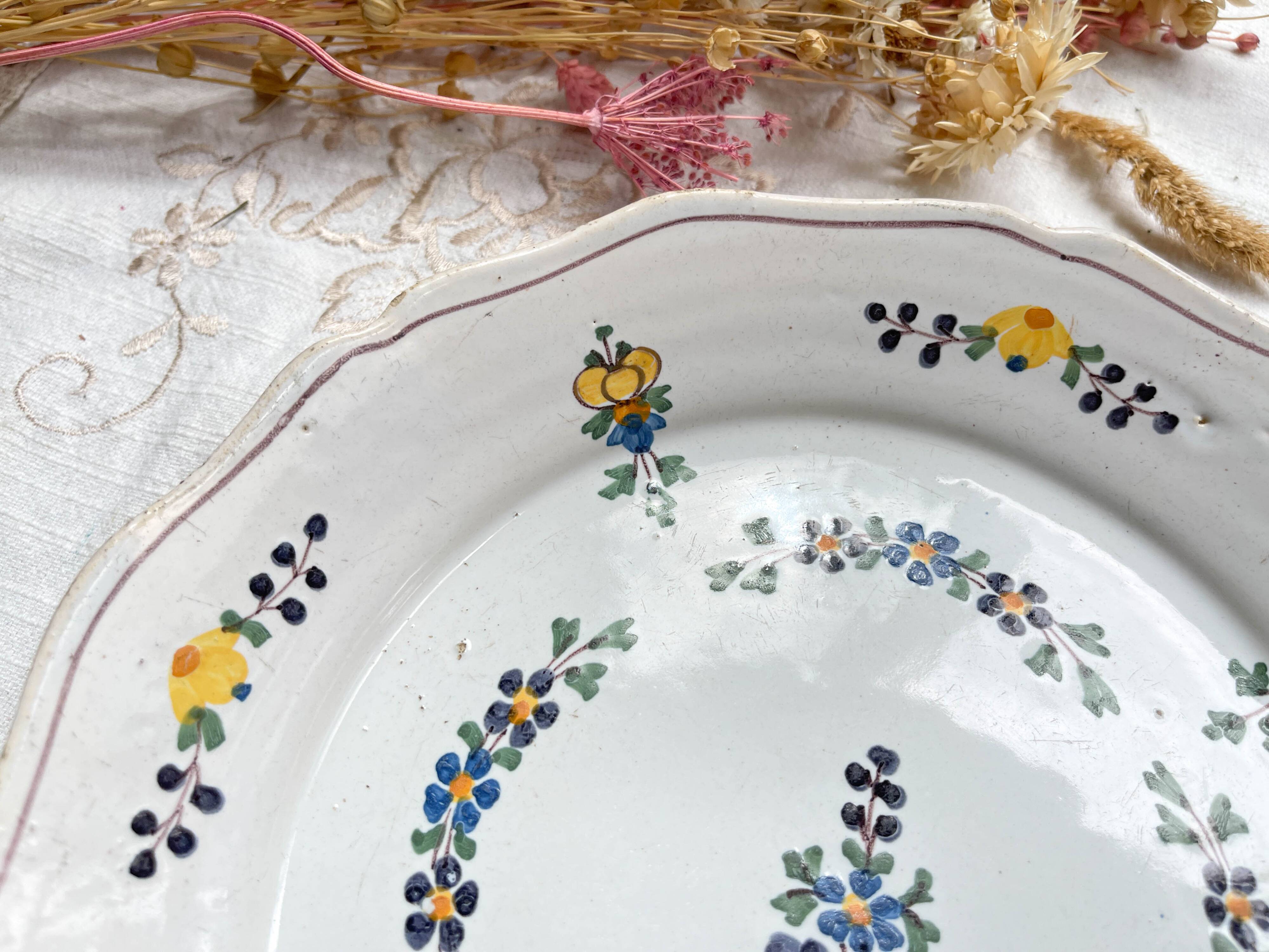 Antique French Earthenware Plate 18th Century NEVERS Small Blue Flowers