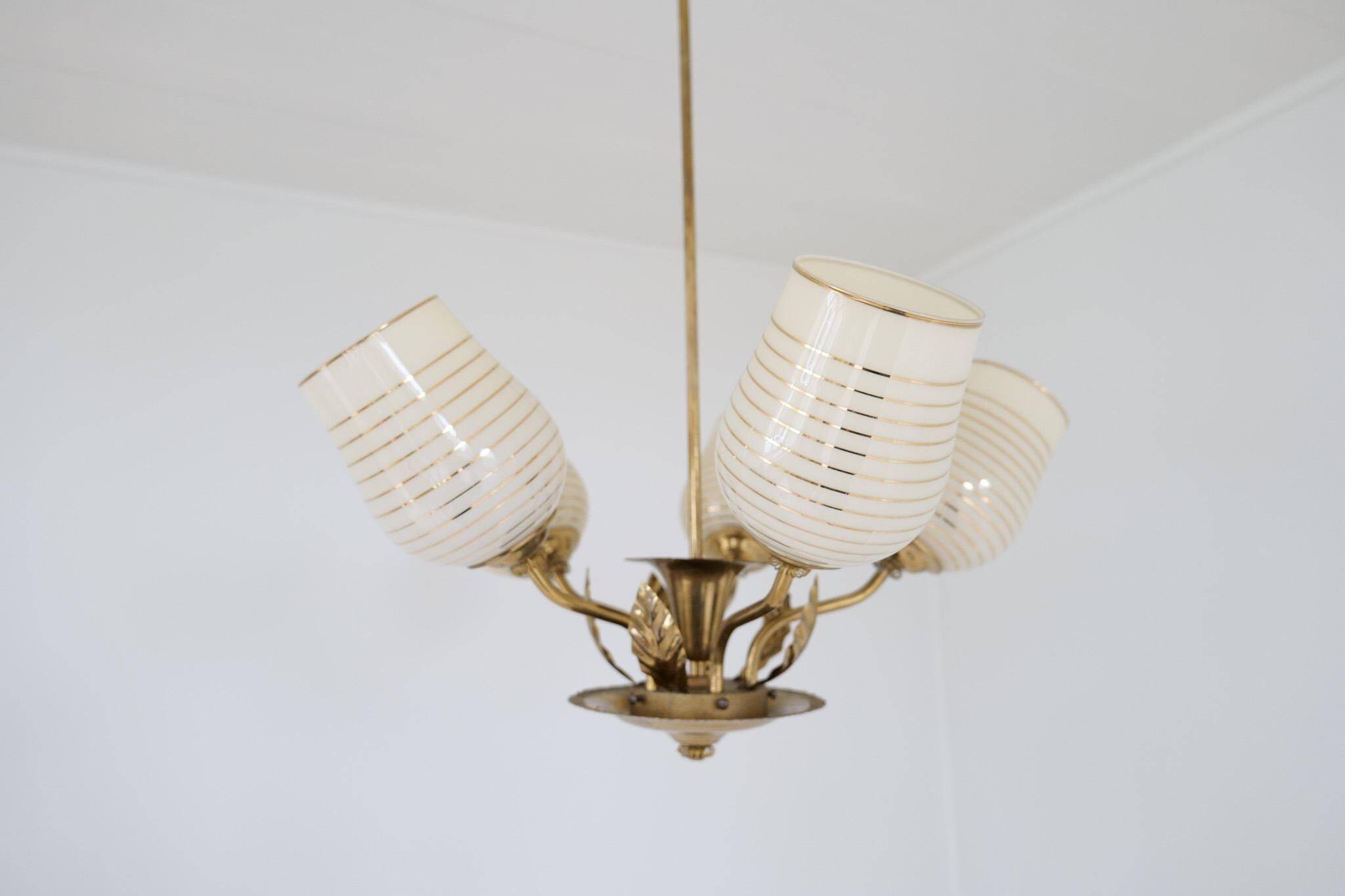 Mid-century brass and glass pendant light by Sario, Finland, 1950s.
