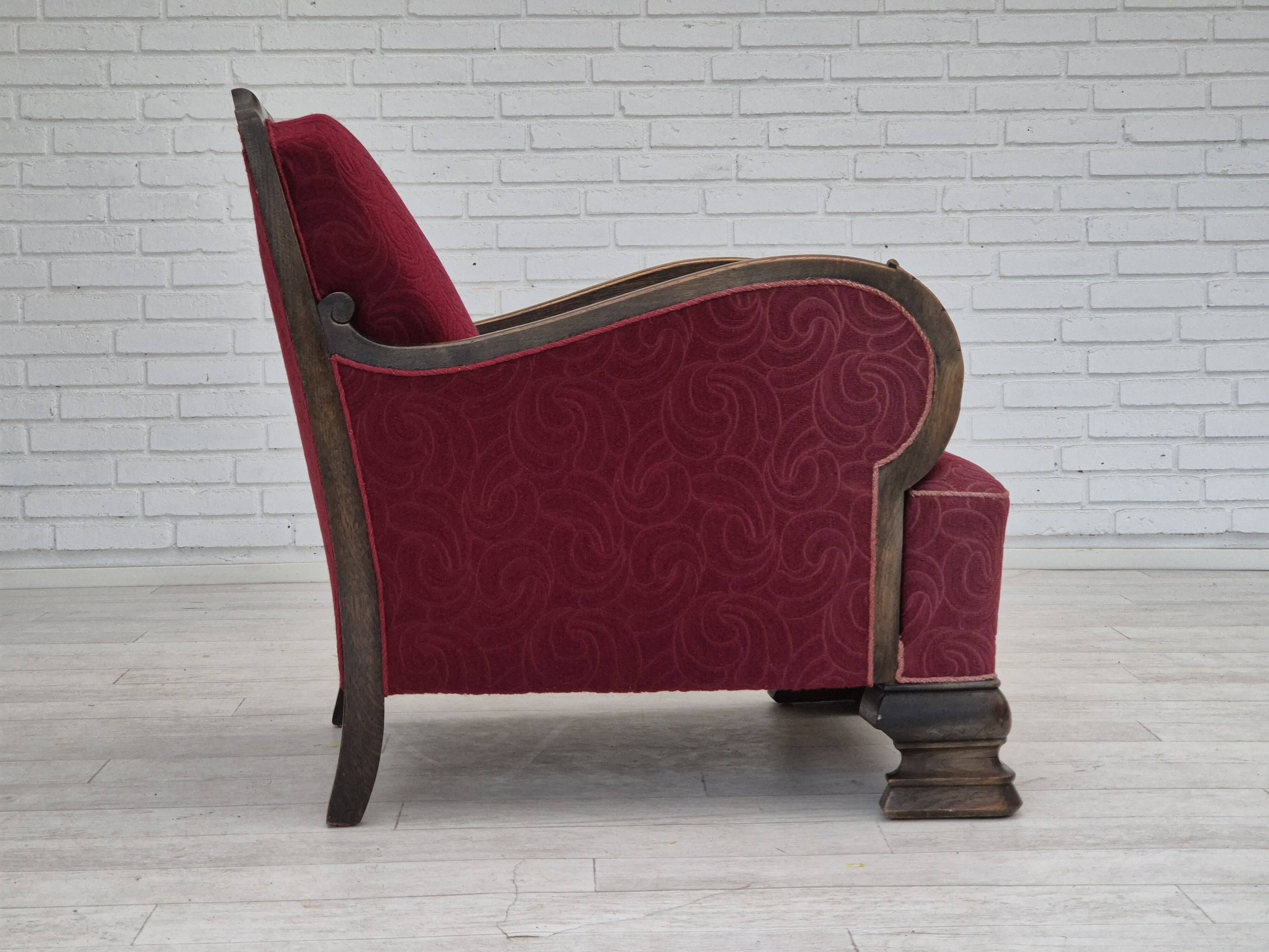 Fauteuil relax vintage danois des années 1950, tissu d'ameublement, bois de chêne, d'origine.