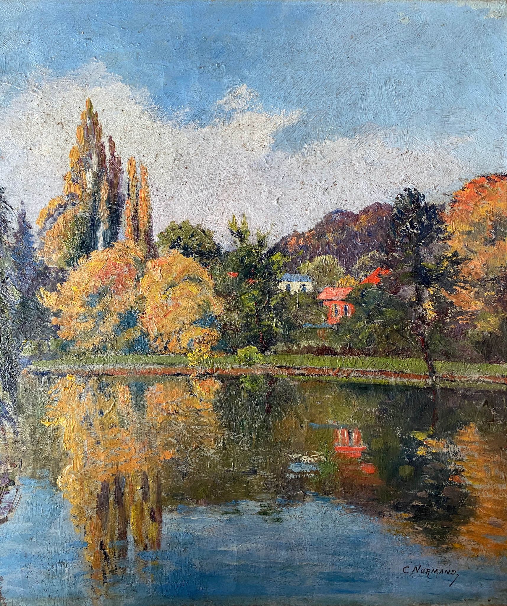 Tableau HST "Maison rouge en bord de rivière" signé C. Normand début XX°