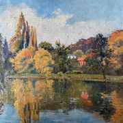 Tableau HST "Maison rouge en bord de rivière" signé C. Normand début XX°