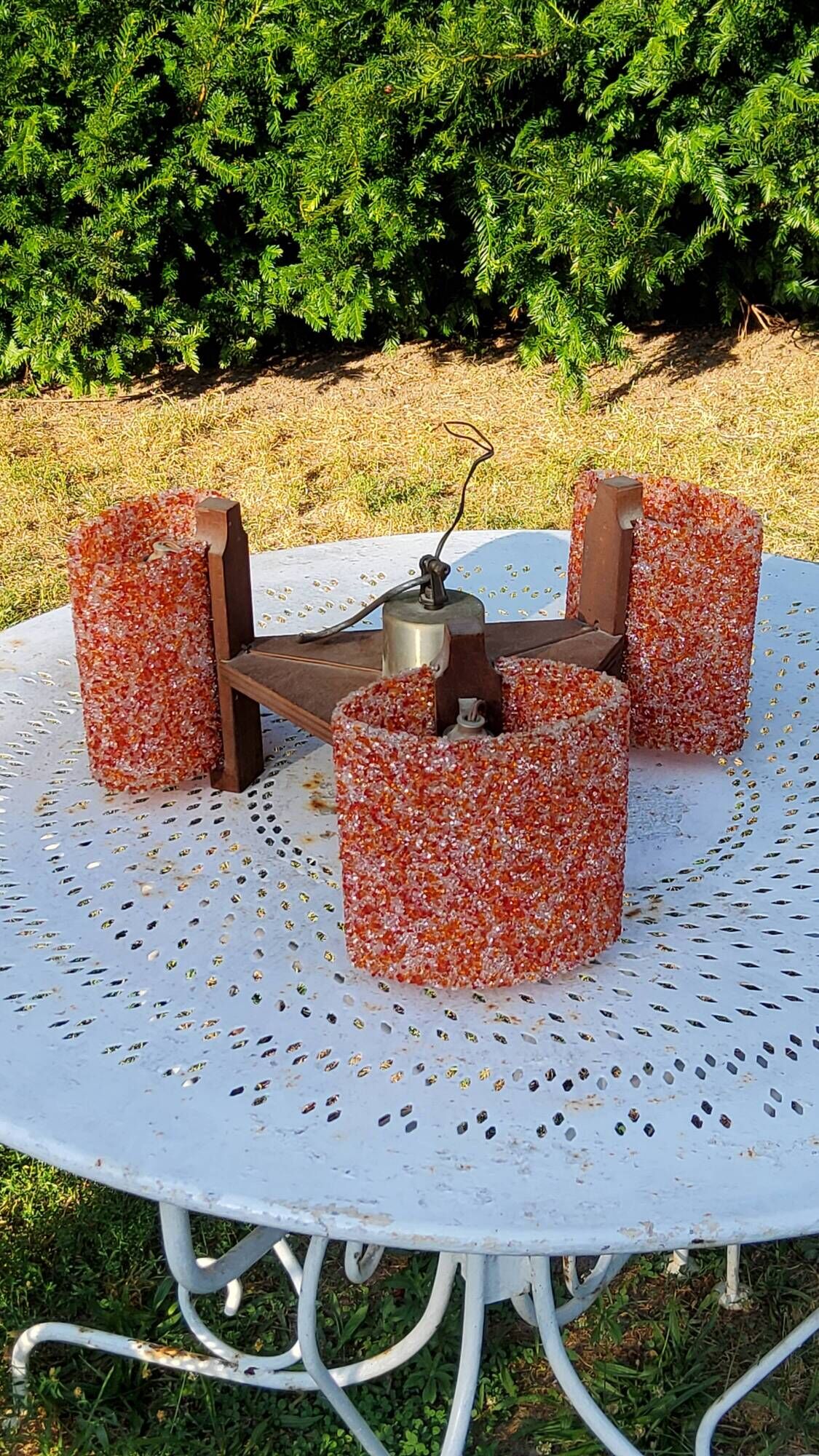 70s Scandinavian style chandelier in wood and orange granite resin 3 lights