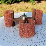 70s Scandinavian style chandelier in wood and orange granite resin 3 lights