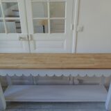 Console with pearl grey patinated base, oak top.
