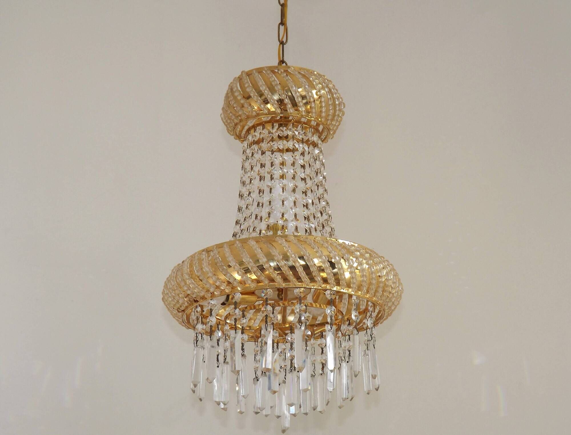 Vintage Gold Metal 5-Light Chandelier – Crystal Beads & Glass Prisms