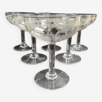 6 Coupes à champagne – Saint Louis service Noël gravure cristal de roche 3540