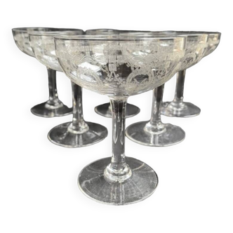 6 Coupes à champagne – Saint Louis service Noël gravure cristal de roche 3540