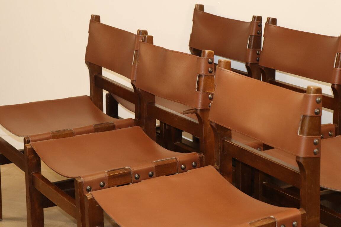 Series of 6 vintage Maison Regain chairs in leather and wood, 1960s