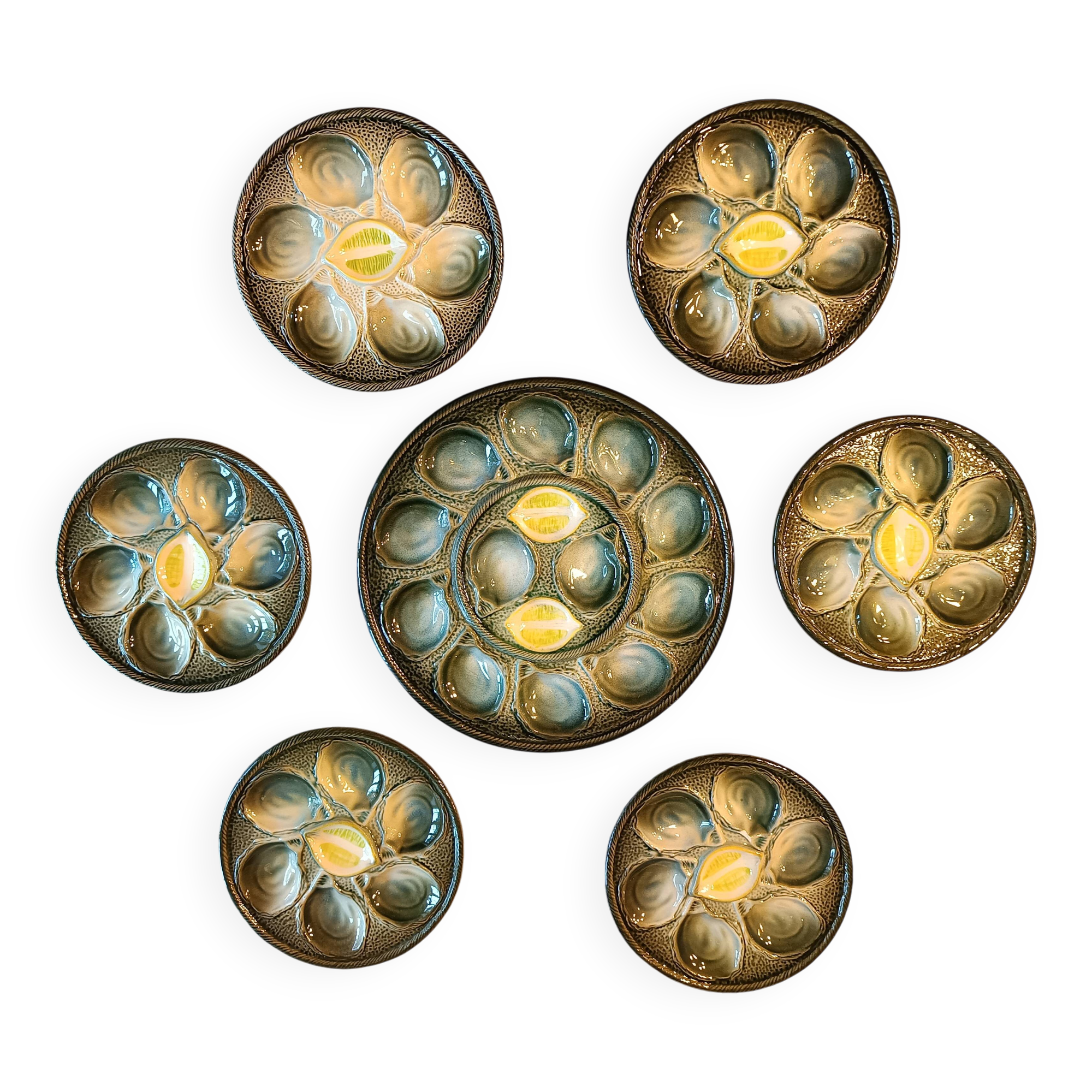Vintage earthenware oyster set - Saint Clement, 1 dish + 6 plates