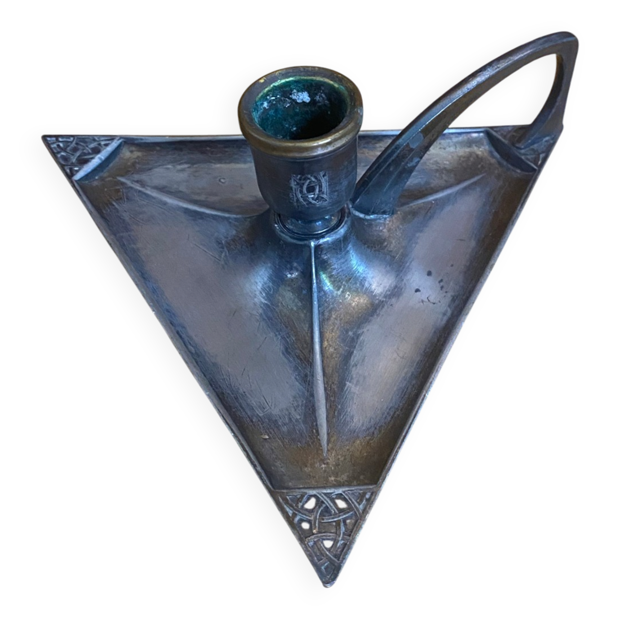 Handheld Candle Holder Art Nouveau Silver Metal Vintage Triangle