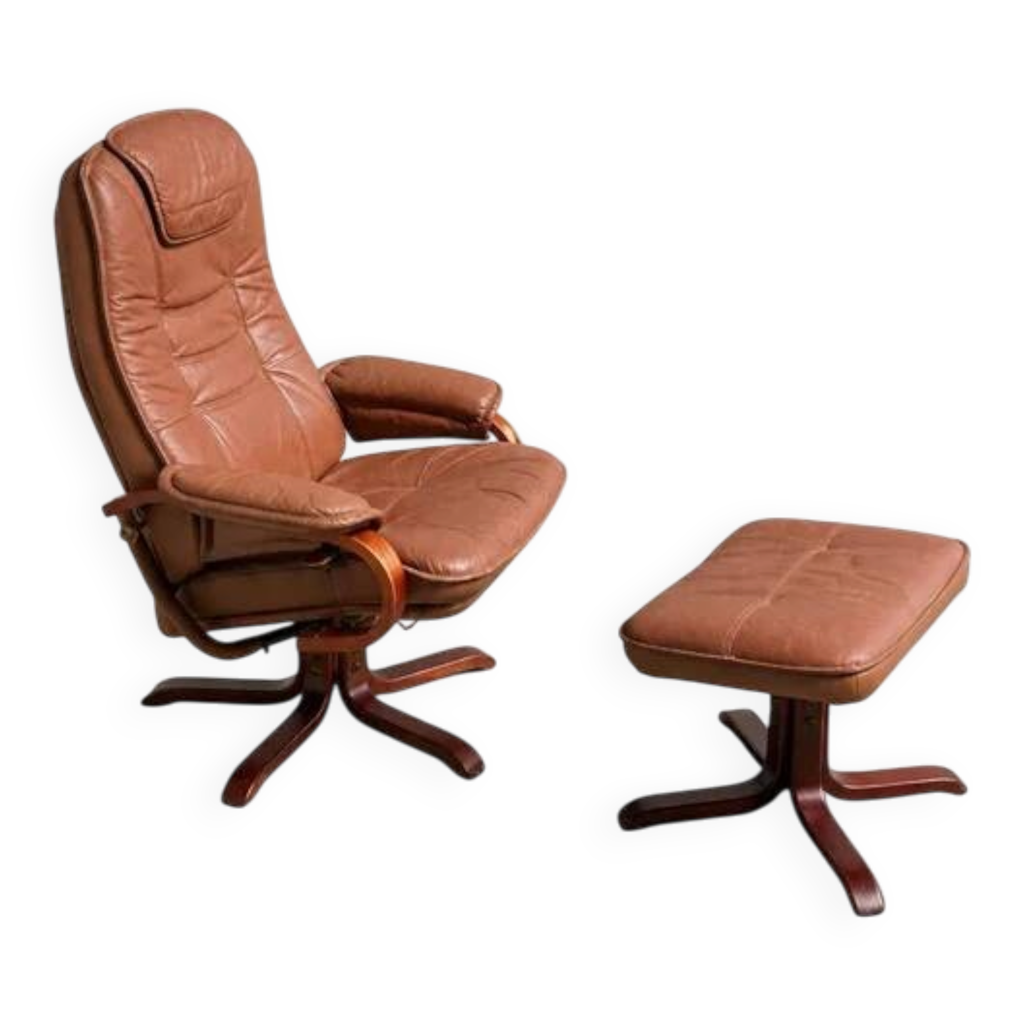 Scandinavian brown leather recliner lounge chair with ottoman, circa 1990