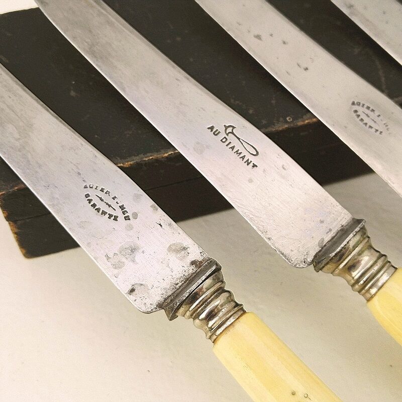 Six old bone handle knives and vintage mother-of-pearl