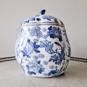 Large vintage Chinese handcrafted glazed ceramic pot with blue flower pattern
