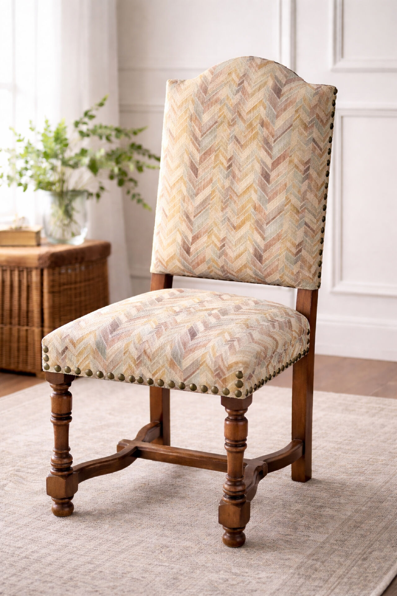 Restored and reupholstered antique chair with character