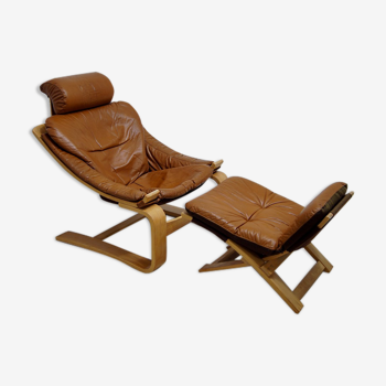 Cognac leather Kroken lounge chair & ottoman by Ake Fribyter for Nelo Möbel, 1970s