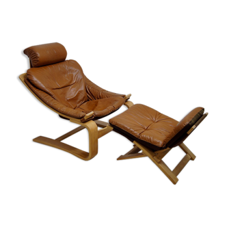 Cognac leather Kroken lounge chair & ottoman by Ake Fribyter for Nelo Möbel, 1970s