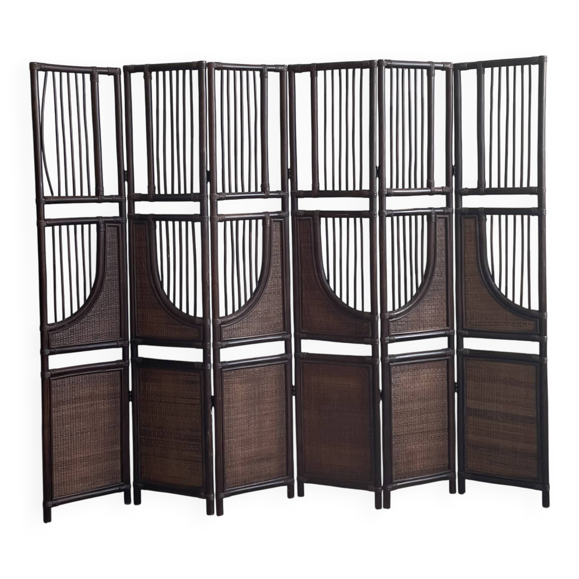 Vintage Six Panel Tinted Bamboo and Rattan Screen, Room Divider