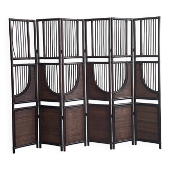 Vintage Six Panel Tinted Bamboo and Rattan Screen, Room Divider
