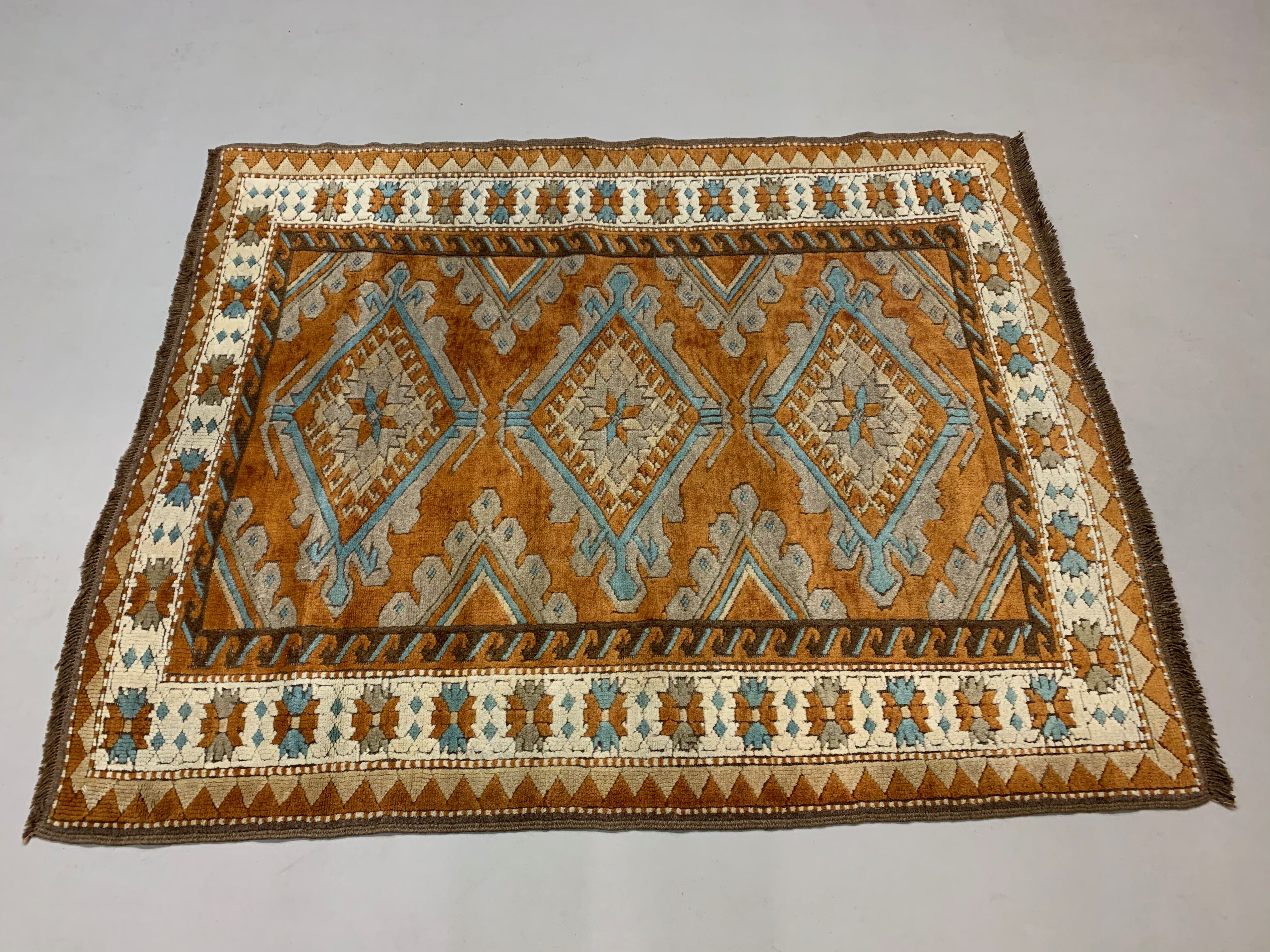 Old Turkish Rug 158x125 cm Vintage Oriental Rare Carpet Blue Brown Beige