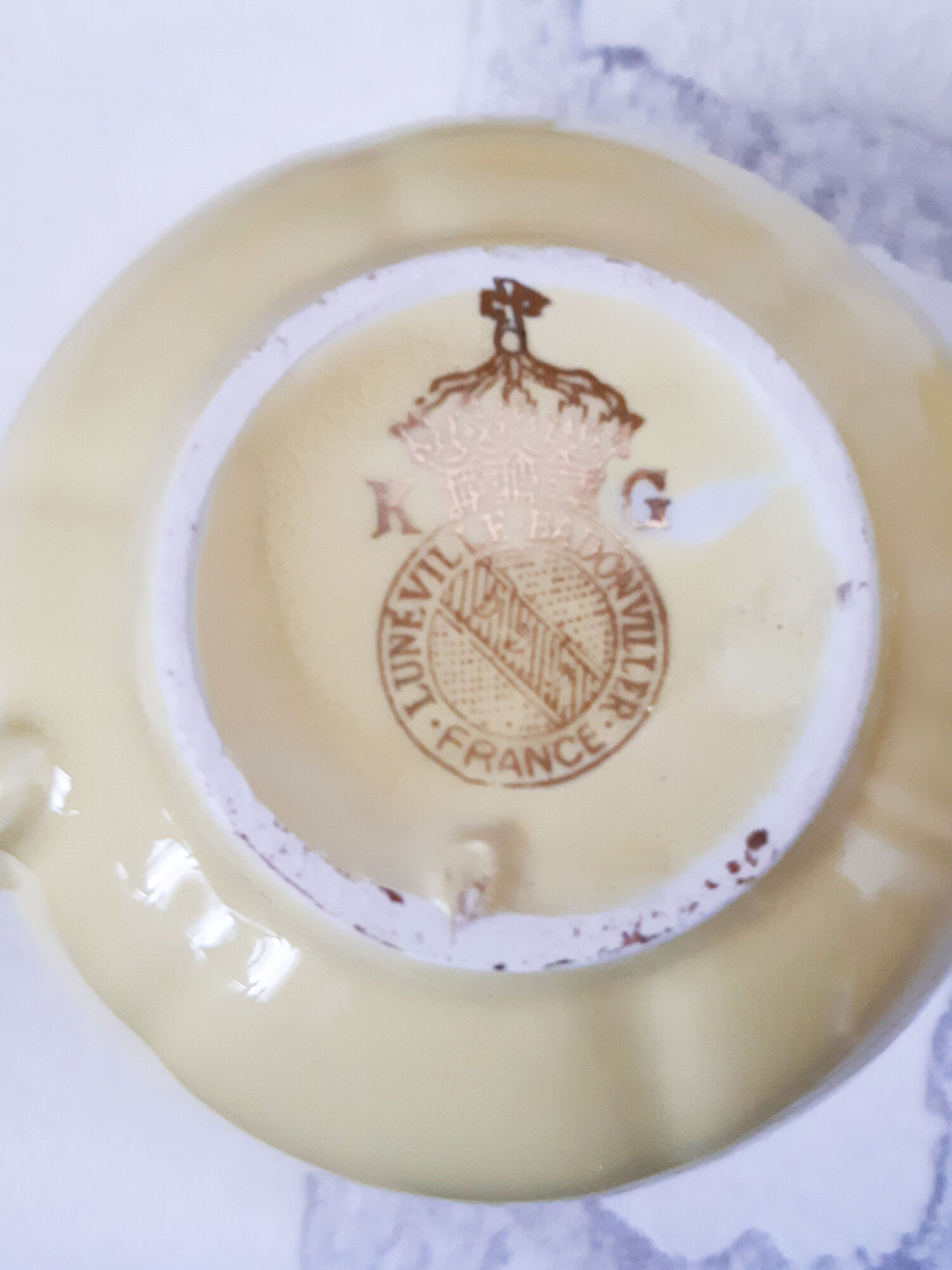 Yellow coffee cups Lunéville KG Badonwiller, antique French