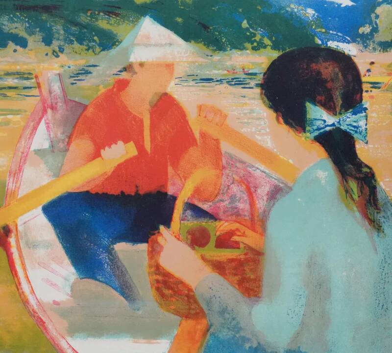 Paul COLLOMB : Barques au bois de Boulogne, lithographie originale signée
