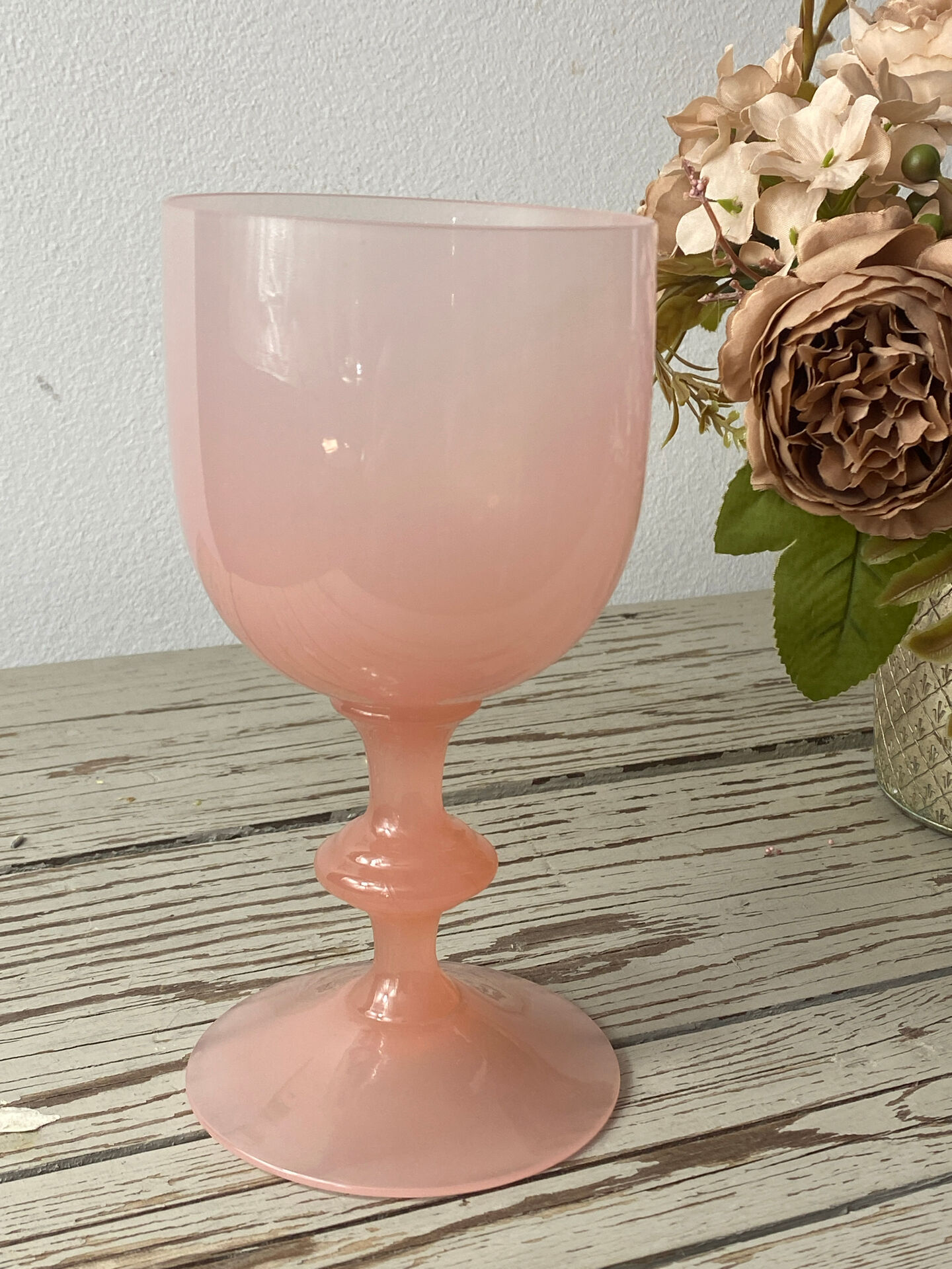 Goblet, stemmed glass in pink opaline, Portieux