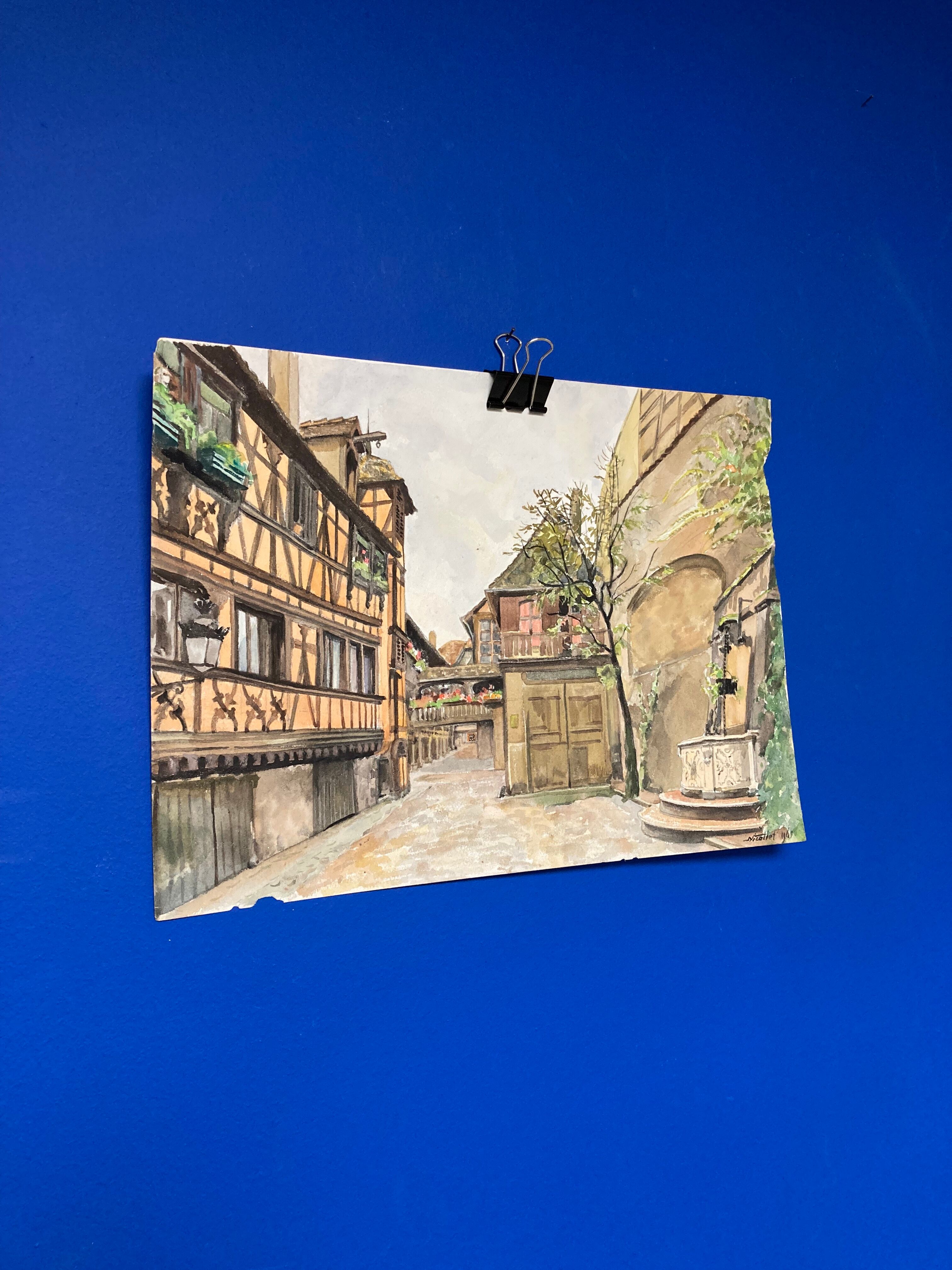 Watercolor vintage village view