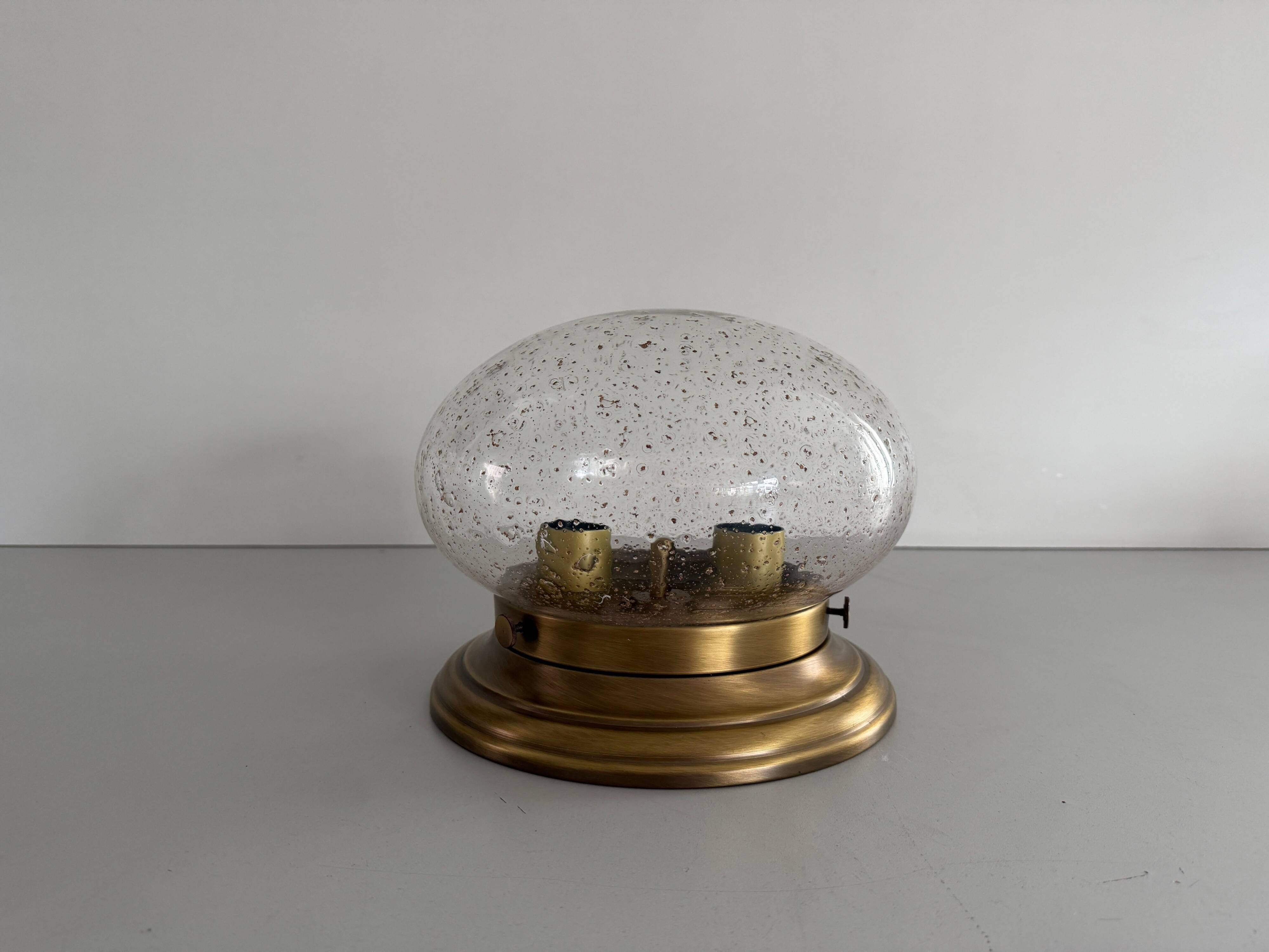 Flush glass shade with bubble pattern and brass base by Hillebrand, 1960s, Germany.